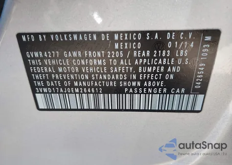 2014 Volkswagen Jetta 1.8T Se z USA, uszkodzony, nr VIN 3VWD17AJ0EM264612